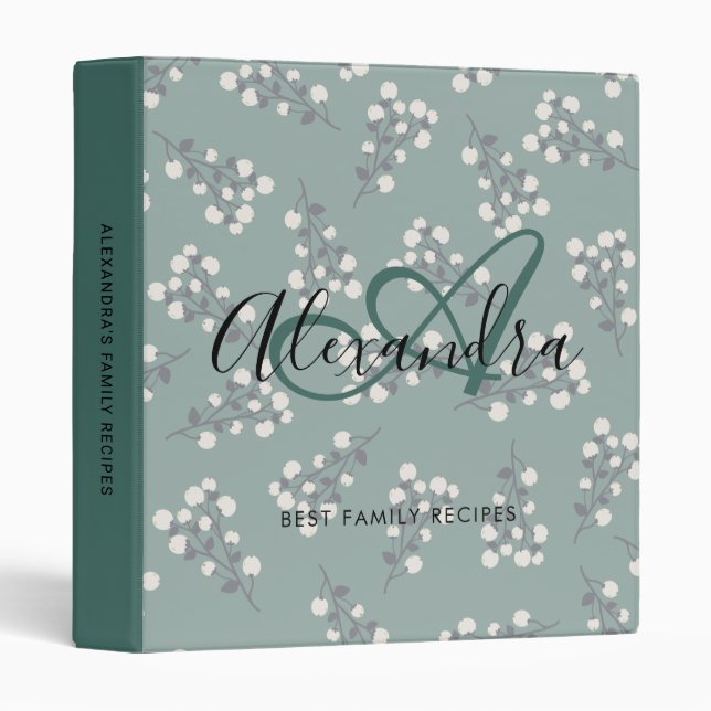 Elegant Green White Floral Name Monogram Recipe Binder (Front/Spine)