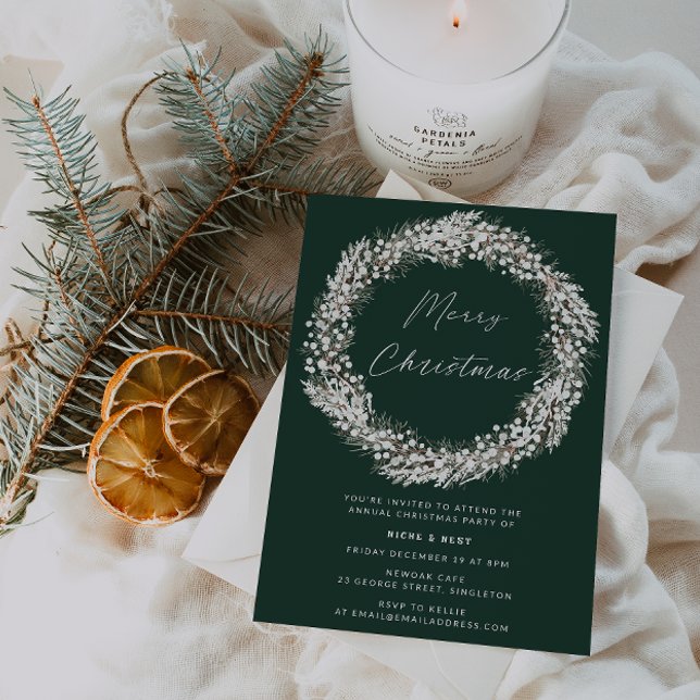 Elegant Green White Floral Wreath Christmas Party Invitation (Creator Uploaded)