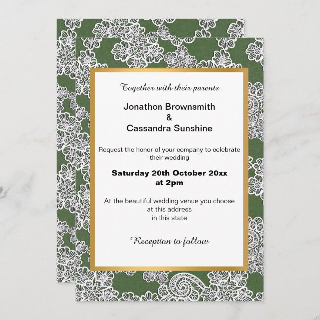 ELEGANT GREEN WHITE LACE WEDDING INVITATION (Front/Back)