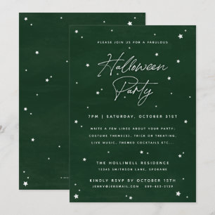 Elegant Green+White Magical Stars Halloween Party Invitation