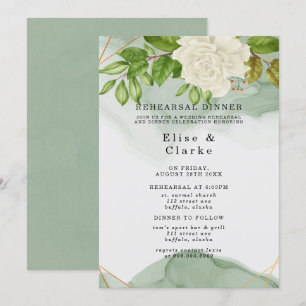 Elegant Green White Roses Rustic Rehearsal Dinner Invitation