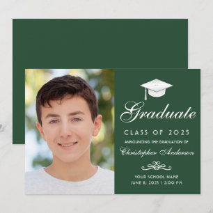 Elegant Green White Script Photo Graduation Announcement