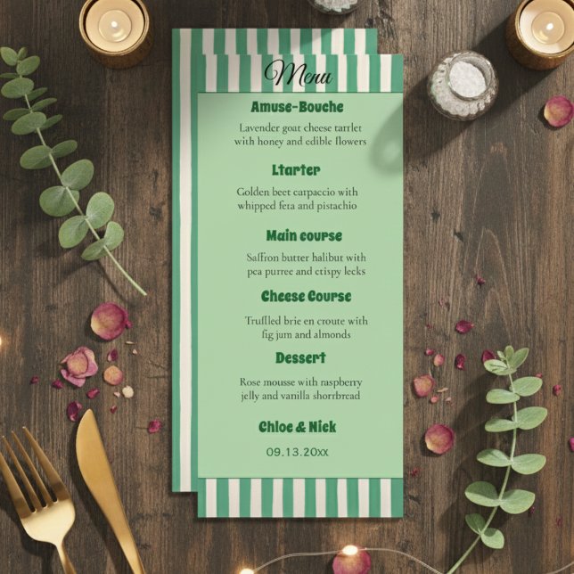 Elegant Green & White Striped Wedding Dinner Menu (Créateur téléchargé)