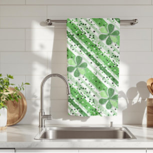 Elegant Green White Stripes Shamrock Glitter Kitchen Towel