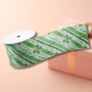 Elegant Green White Stripes Shamrock Glitter Satin Ribbon