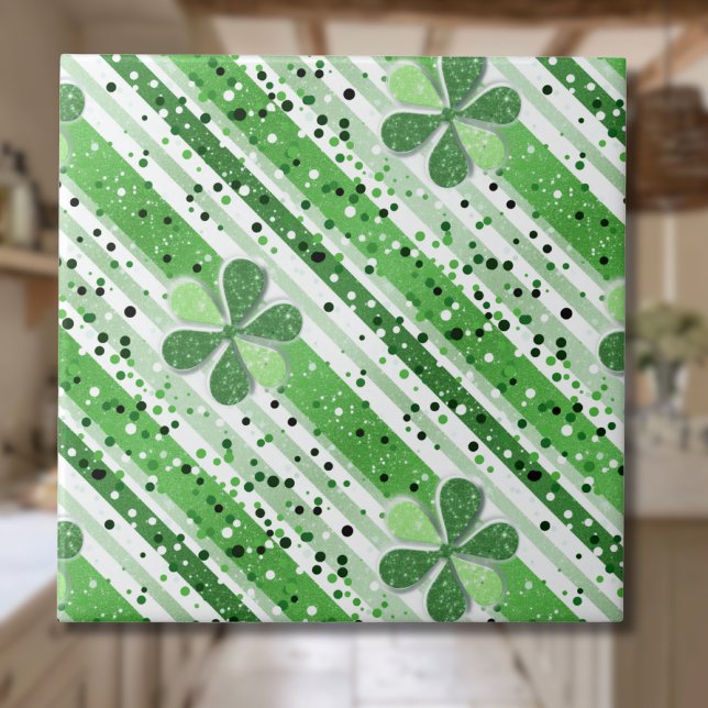 Elegant Green White Stripes Shamrock Glitter Tile (Creator Uploaded)