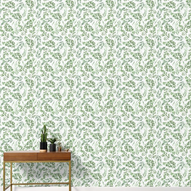 Elegant Green White Watercolor Leaves Pattern Wallpaper (Hallway)