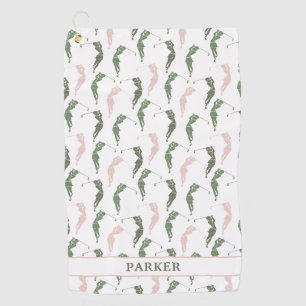 Elegant Green White Woman Golfer Monogrammed  Golf Towel