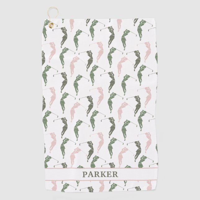 Elegant Green White Woman Golfer Monogrammed  Golf Towel (Front)