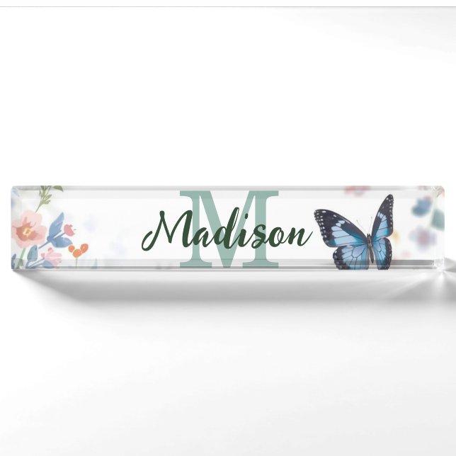 elegant Green Wildflower Boho Monogram In Bloom Nameplate (Front)