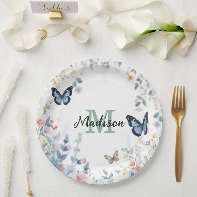 elegant Green Wildflower Boho Monogram In Bloom Paper Plate (Wedding)