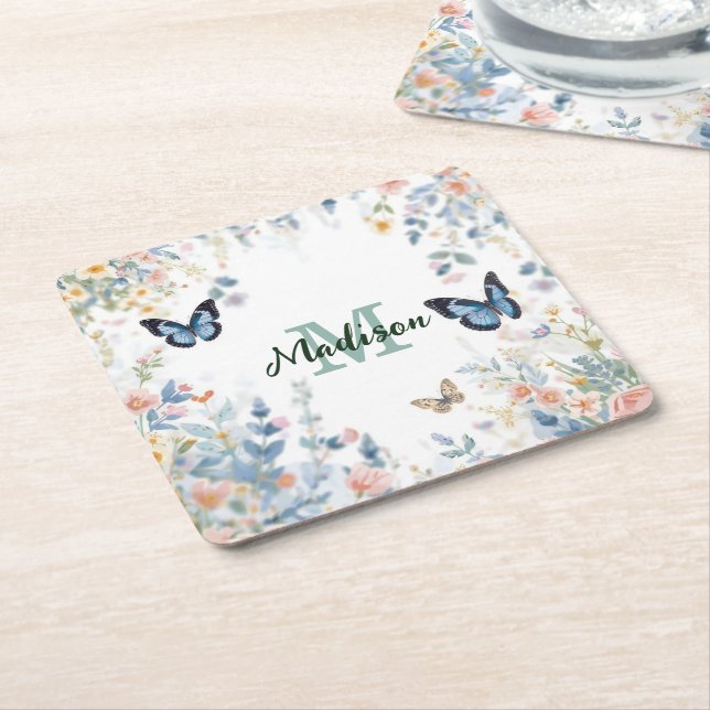 elegant Green Wildflower Boho Monogram In Bloom Square Paper Coaster (Angled)