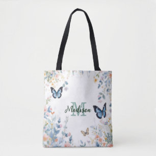 elegant Green Wildflower Boho Monogram In Bloom Tote Bag