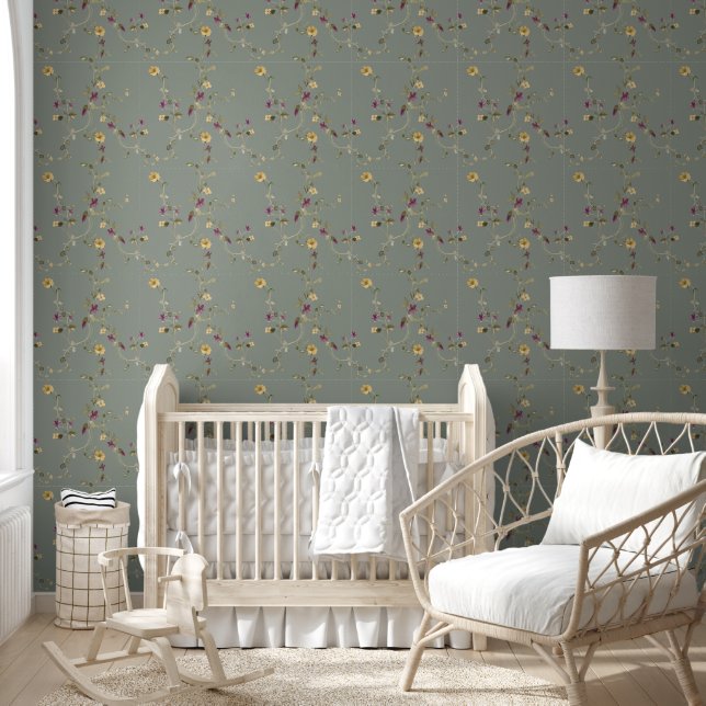 Elegant Green Wildflowers Floral Watercolor  Wallpaper (Kids)