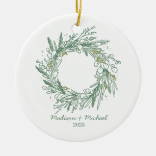 Elegant Green Winter Botanical Wreath Wedding Ceramic Ornament