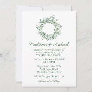 Elegant Green Winter Botanical Wreath Wedding Invitation