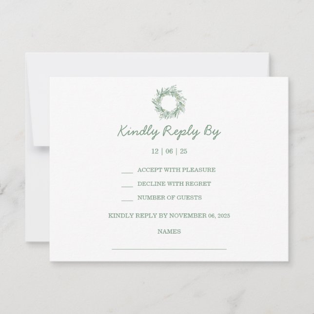 Elegant Green Winter Botanical Wreath Wedding RSVP Card (Front)