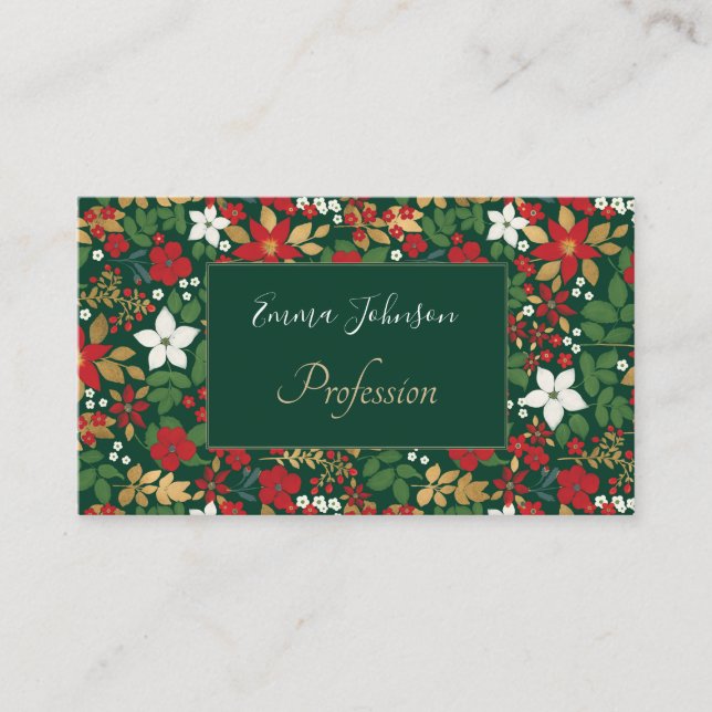 Elegant Green Winter Red White Gold Floral Pattern Business Card (Front)