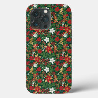 Elegant Green Winter Red White Gold Floral Pattern