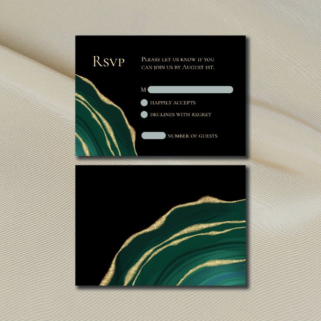 Elegant green with gold agate dark  RSVP card (Creator Uploaded)