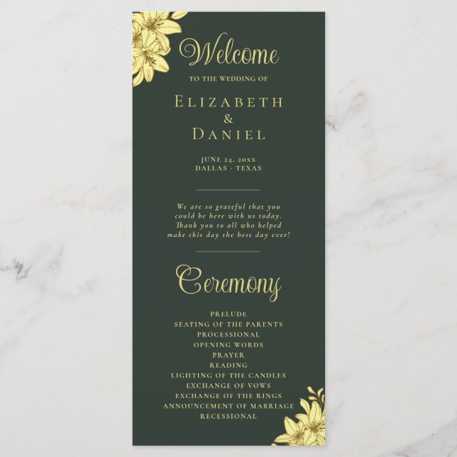 Elegant Green with Gold Typography Wedding  Program (Front)