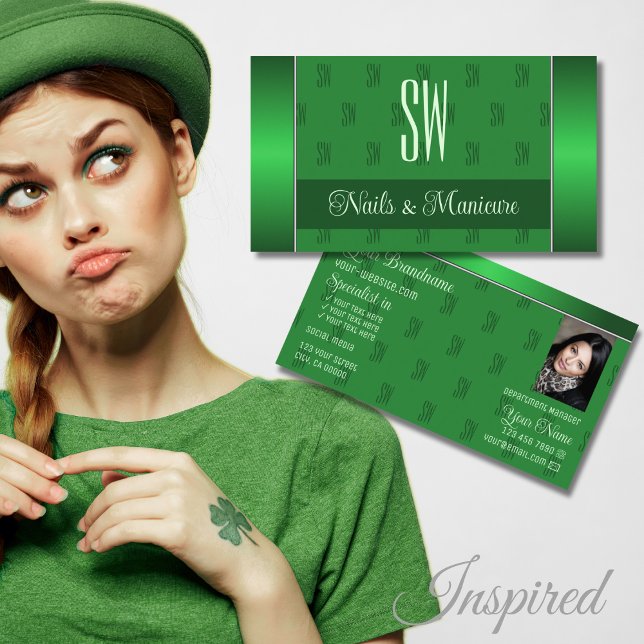 Elegant Green with Photo and Chic Monogram Pattern Business Card (Creator Uploaded)