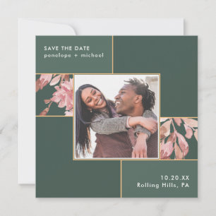 Elegant Green with Pink Floral Photo Wedding Save The Date