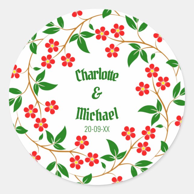 Elegant Green Wreath Floral Wedding Party  Classic Round Sticker (Front)