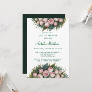 Elegant Green Wreath Pink Buds Bridal Shower Invitation