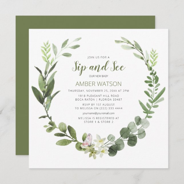 Elegant Green Wreath Sip And See Party Invitation (Front/Back)