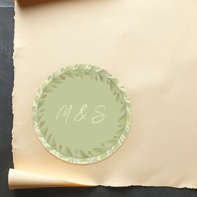 Elegant Green Wreath Watercolor Personalized Classic Round Sticker (Creator Uploaded)
