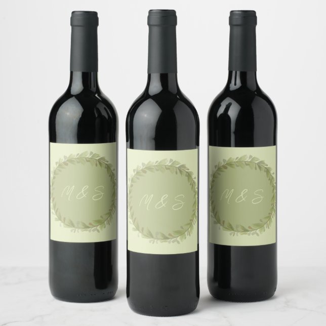 Elegant Green Wreath Watercolor Personalized Wine Label (Bottles)