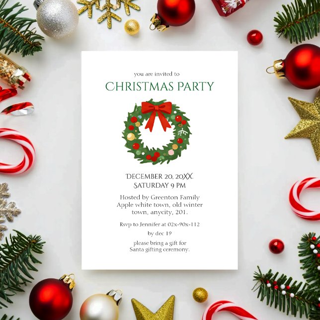 Elegant Green Wreath with Red Bow Christmas Party Invitation (Creator Uploaded)