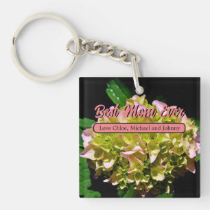 Elegant green yellow pink Hydrangea flowers Keychain