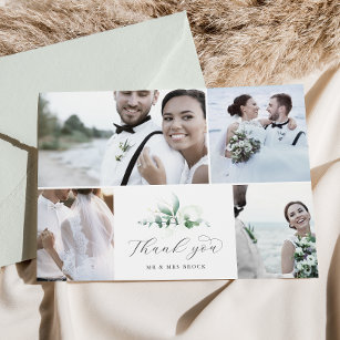 Elegant Greenery 4 Photo Collage Wedding Thank You Card