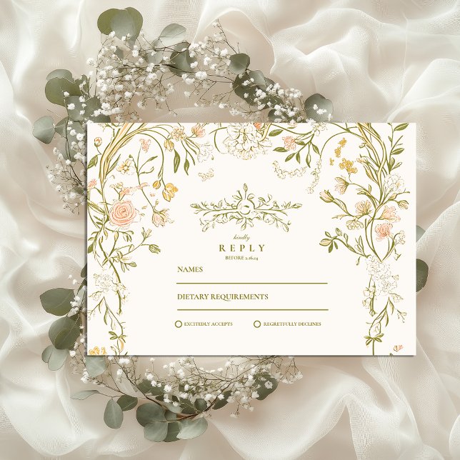 Elegant Greenery and Blush Floral Frame Wedding RSVP Card (Creator Uploaded)