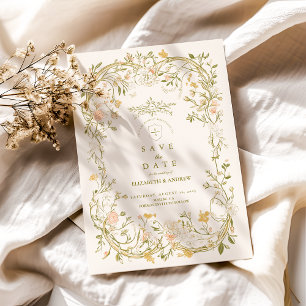 Elegant Greenery and Blush Floral Frame Wedding Save The Date