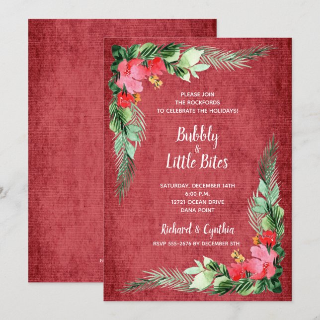 Elegant Greenery and Floral Red Christmas Invites (Front/Back)