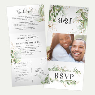 Elegant Greenery and Gold Wedding All In One Tri-Fold Invitation