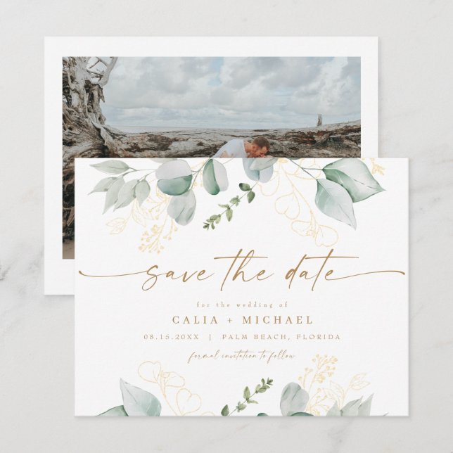 Elegant Greenery and Gold Wedding Save the Date Invitation (Front/Back)