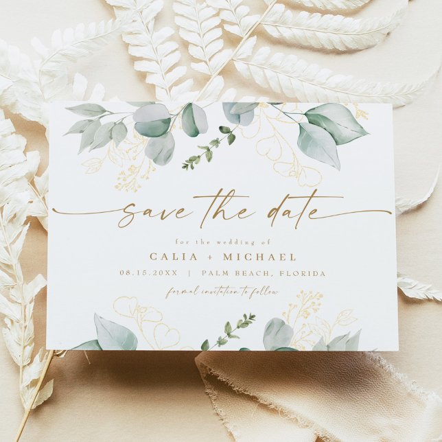 Elegant Greenery and Gold Wedding Save the Date Invitation (Creator Uploaded)
