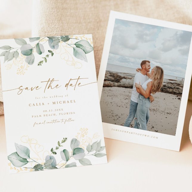 Elegant Greenery and Gold Wedding Save the Date Invitation (Creator Uploaded)