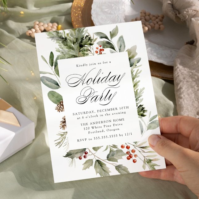 Elegant Greenery and Holly Berries Holiday Party Invitation (Creator Uploaded)