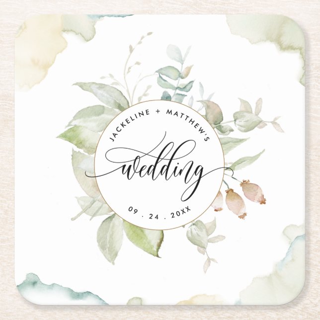 Elegant Greenery and Watercolor Stains, Wedding Square Paper Coaster (Front)