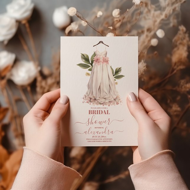 Elegant Greenery and Wedding Dress Bridal Shower  Invitation (Creator Uploaded)