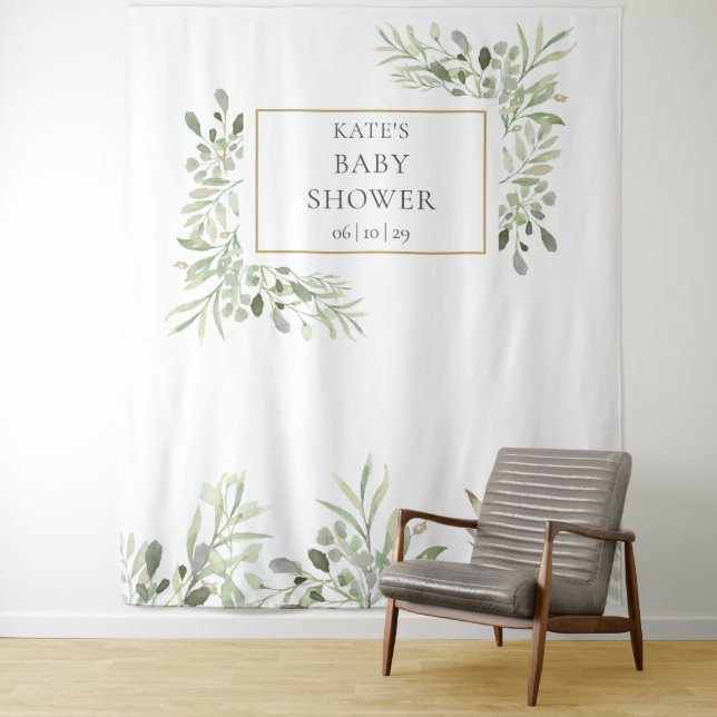 Elegant Greenery Baby Shower Photo Booth Backdrop Tapestry (In Situ)