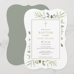 Elegant Greenery Baptism Christening Invitation