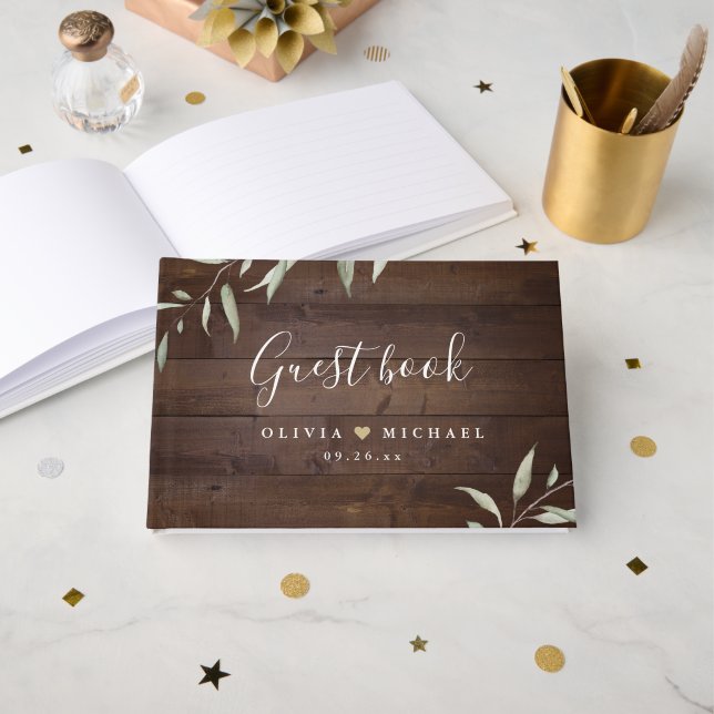 Elegant greenery barn wood county rustic wedding guest book (Front Open)
