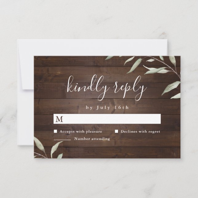 Elegant greenery barn wood county rustic wedding RSVP card (Front)