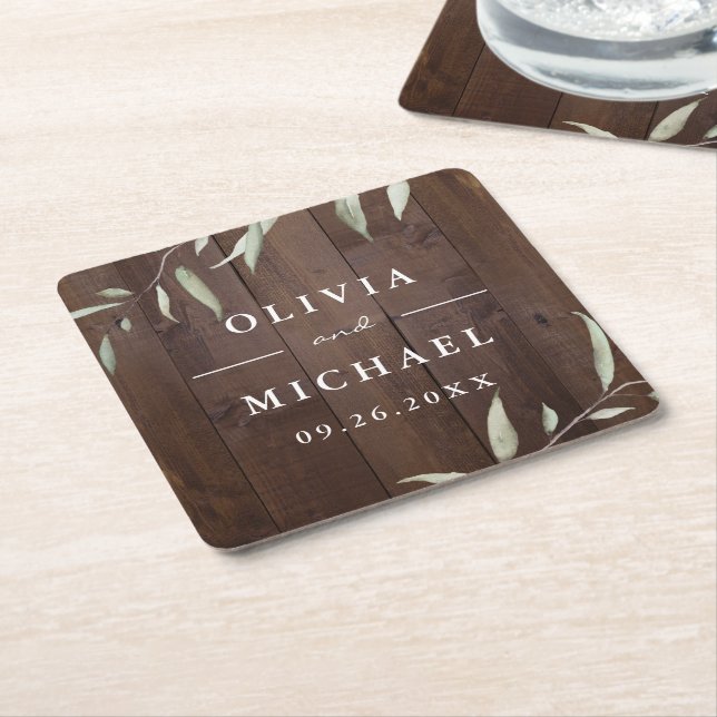Elegant greenery barn wood county rustic wedding square paper coaster (Angled)